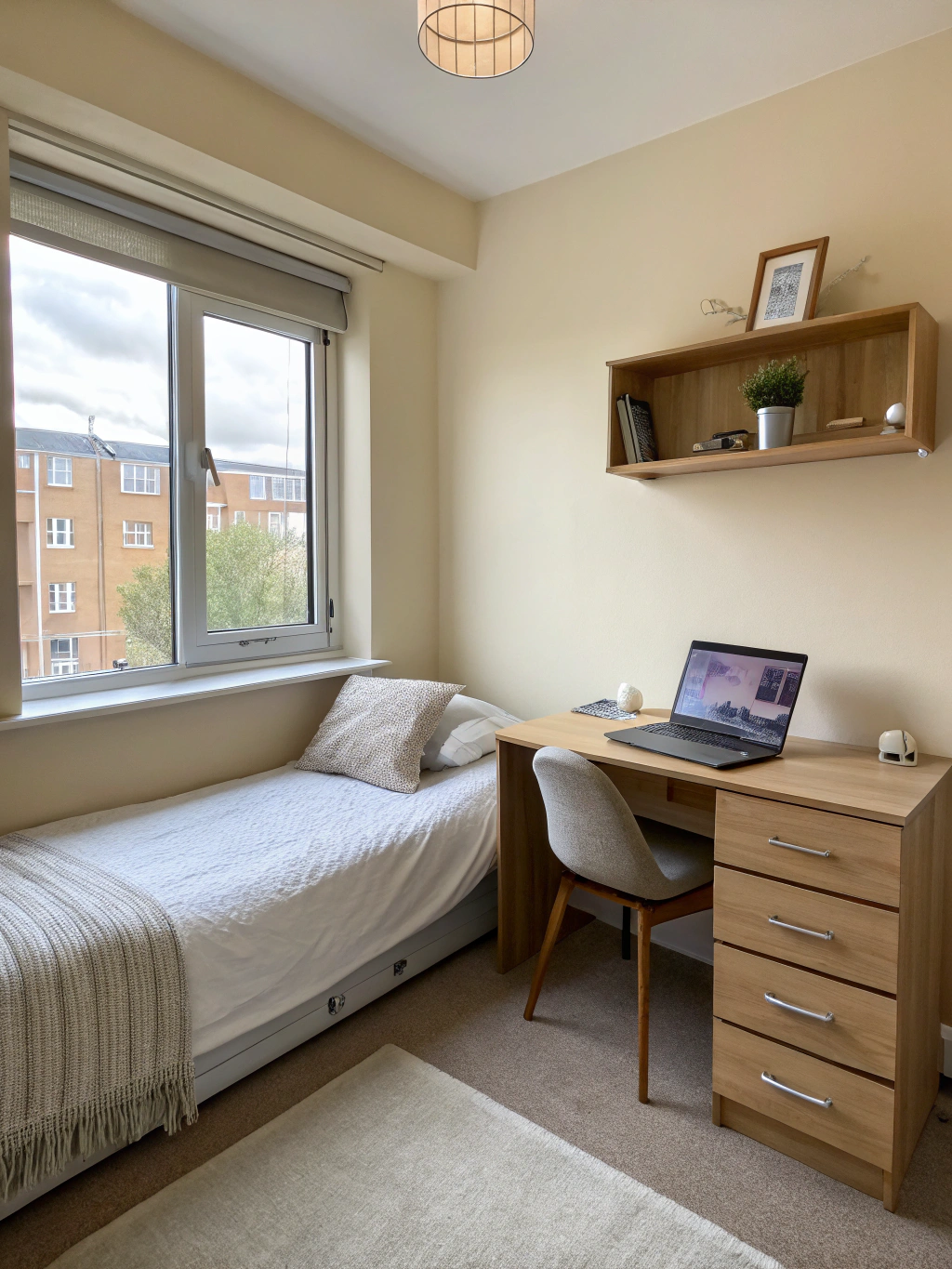 Bright and tidy furnished single bedroom with bed and wardrobe