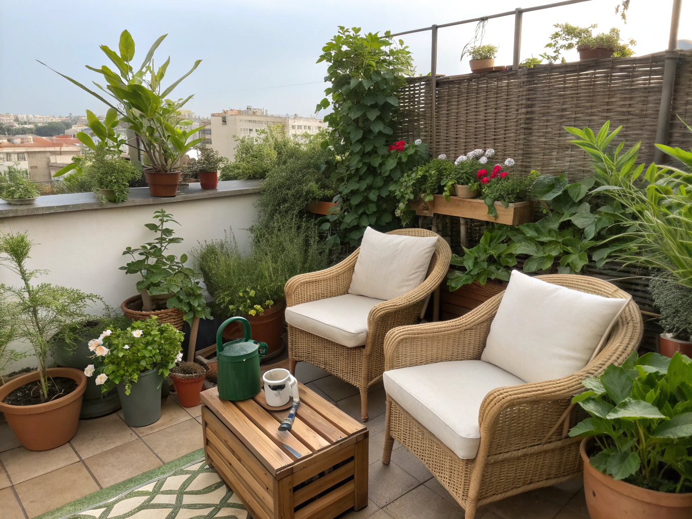 Enclosed tidy garden space with seating and greenery