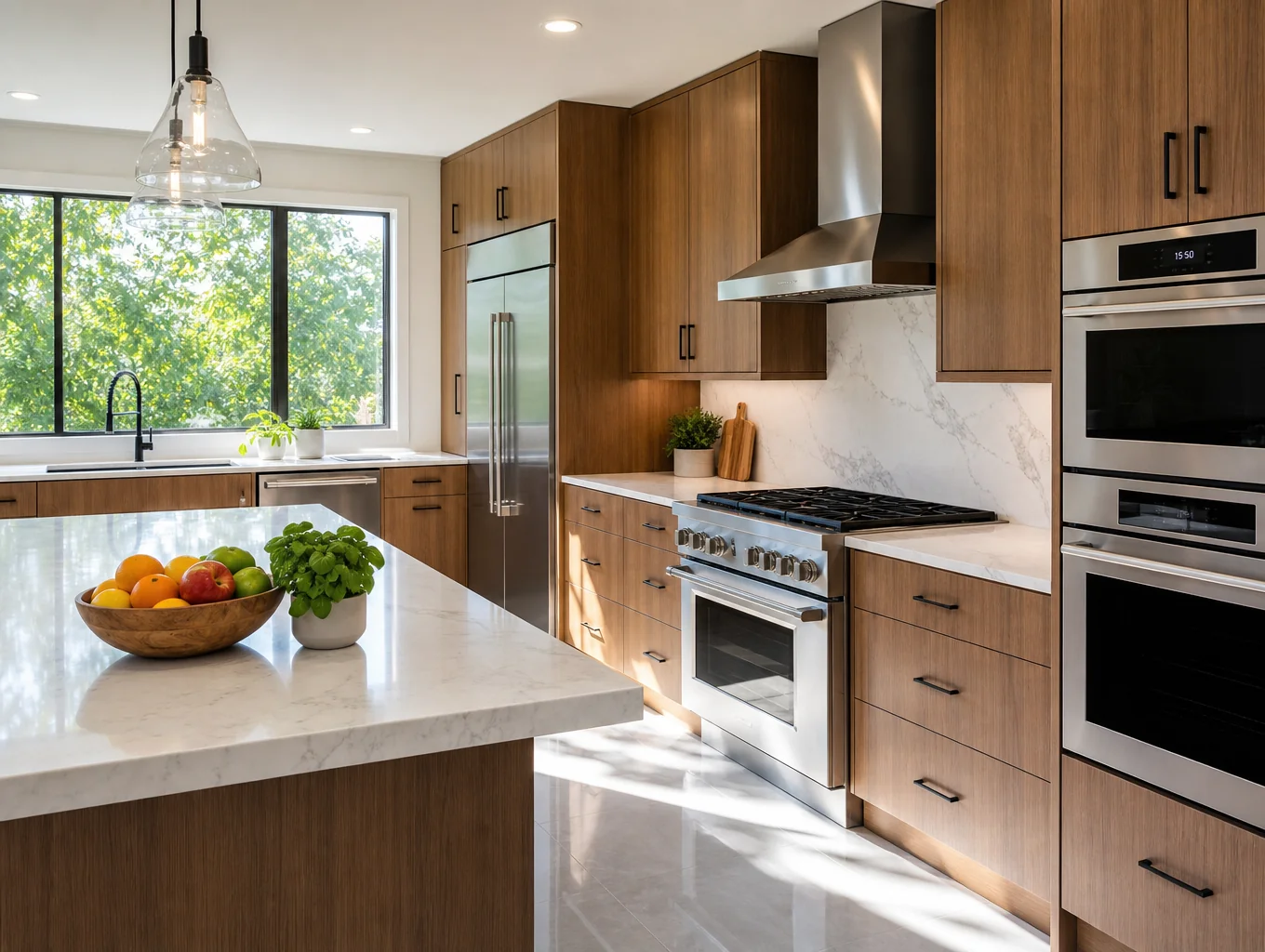 Clean contemporary fitted kitchen with oven, countertop, and storage cabinets