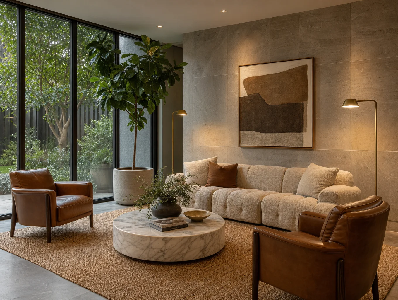 Comfortable shared lounge with sofa, armchairs, and domestic decor