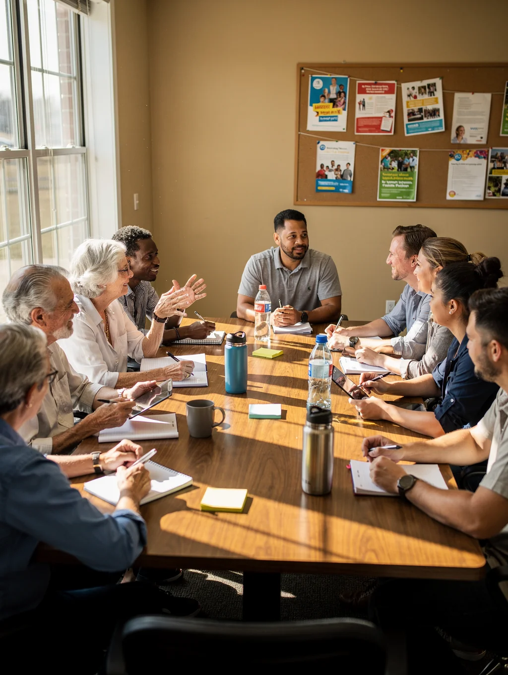 Diverse working-age adults engaging in a calm, structured community support meeting
