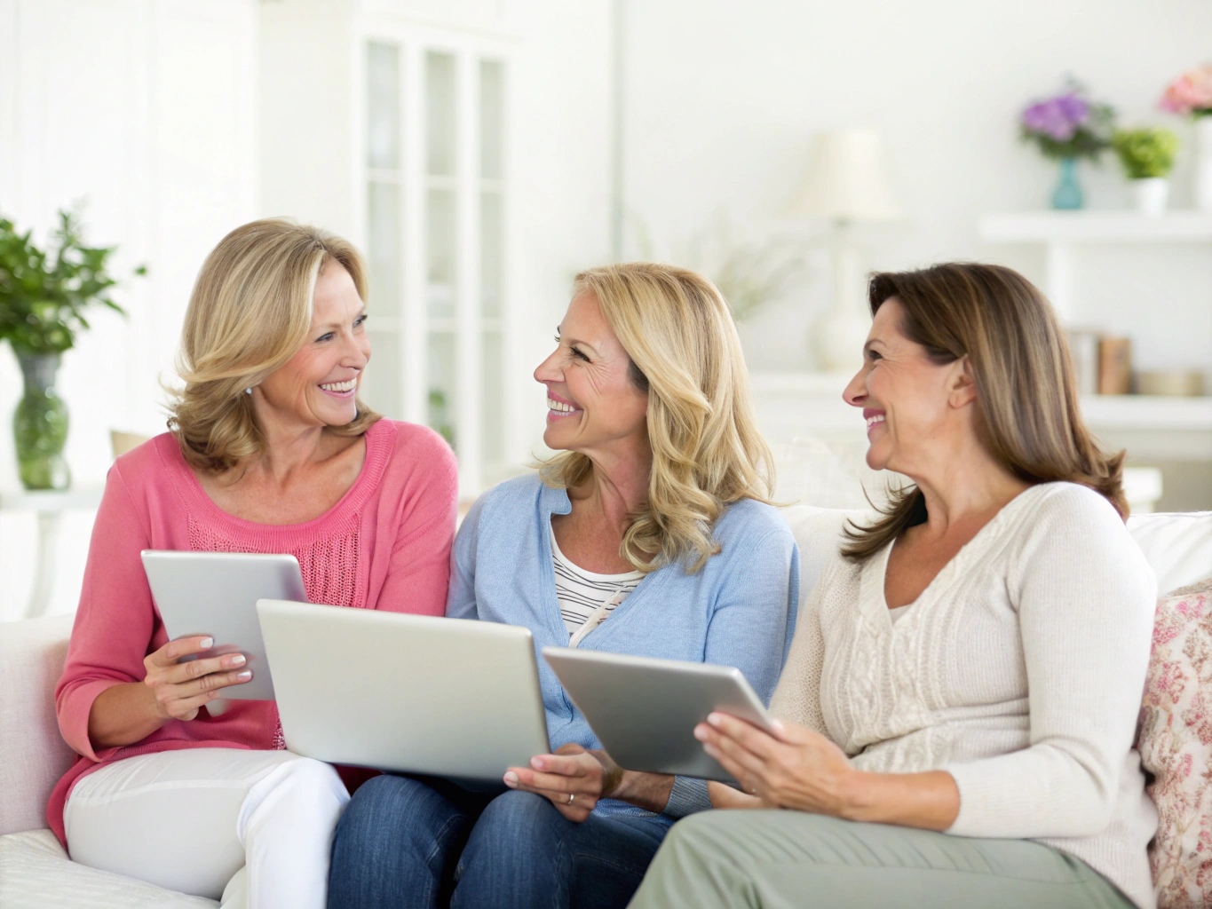 Key worker and working-age adult residents engaged in a supportive conversation in a bright contemporary living room
